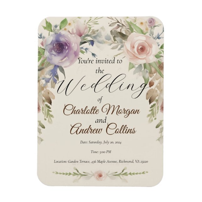 Íman Convite de casamento floral pintado (Vertical)