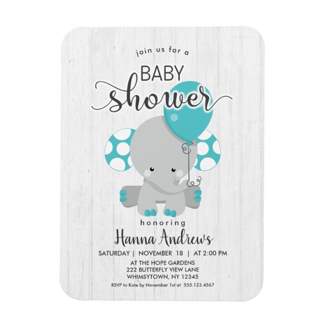 Íman Convite de Chá de Bebê Elefante Teal de Madeira Br (Vertical)