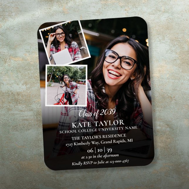 Íman Convite de Festa de Formatura com Colagem de 3 Fot (3 Photo Collage Graduation Party Invitation Magnet)