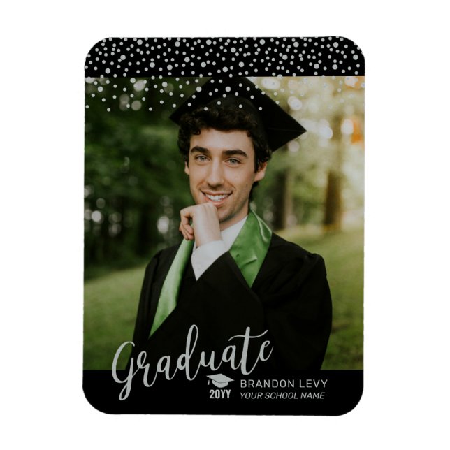 Íman Convite de Formatura com Foto e Confetes Prata (Vertical)