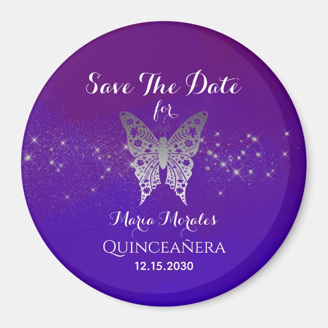 Íman Convite de Purple Quinceanera para Salvar a Data (Frente)