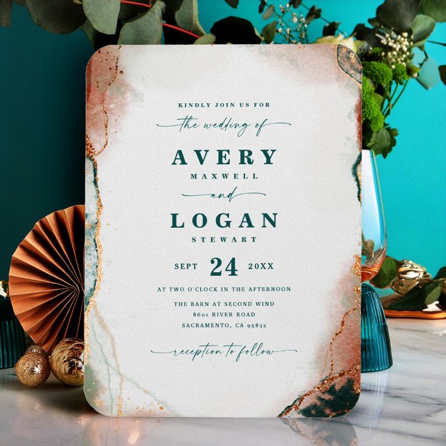 Íman Convite Para Casamento De Teal Escuro E Cobre Eeta (Teal and Copper Abstract Wedding Invitation Magnetic Card)