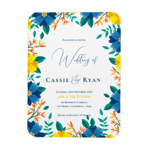 Íman Convite para Casamento Floral Amarelo e Azul Chic