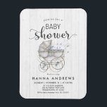 Íman Convite para Chás de fraldas de madeira branca e C<br><div class="desc">Madeira branca Chic e Carruagem de bebê branca e branca com flores azuis Convite para Chá Baby Boy! Personalize-o adicionando suas informações! Verifique meu compro para ver toda a coleção com este design!</div>
