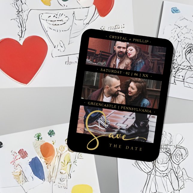 Íman Cool Black Golden Romantic Wedding 3 Multi Photos (Cool Black Golden Romantic Wedding 3 Multi Photos Save de Date Wedding Magnet)