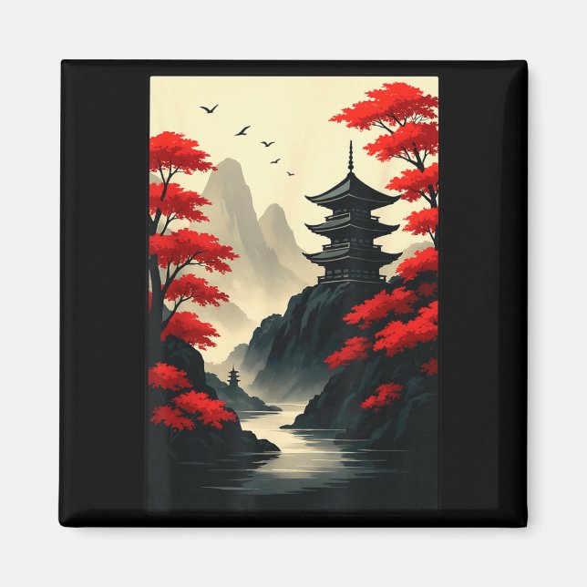 Íman Cool Japanese Pagoda Castle Mountain Landscape Gra (Frente)