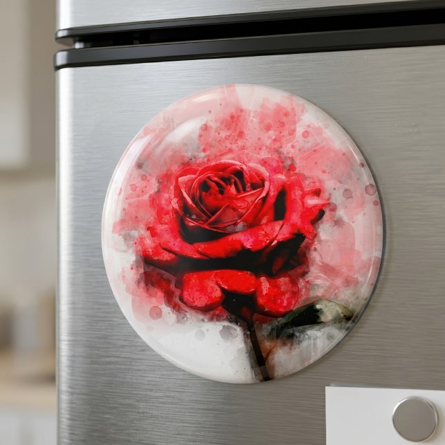Íman Cor da água da flor da rosa vermelha - wb (Red Rose Watercolor Art on White Background. Magnet)