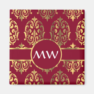 Íman Cor damasco de monograma vermelho e dourado