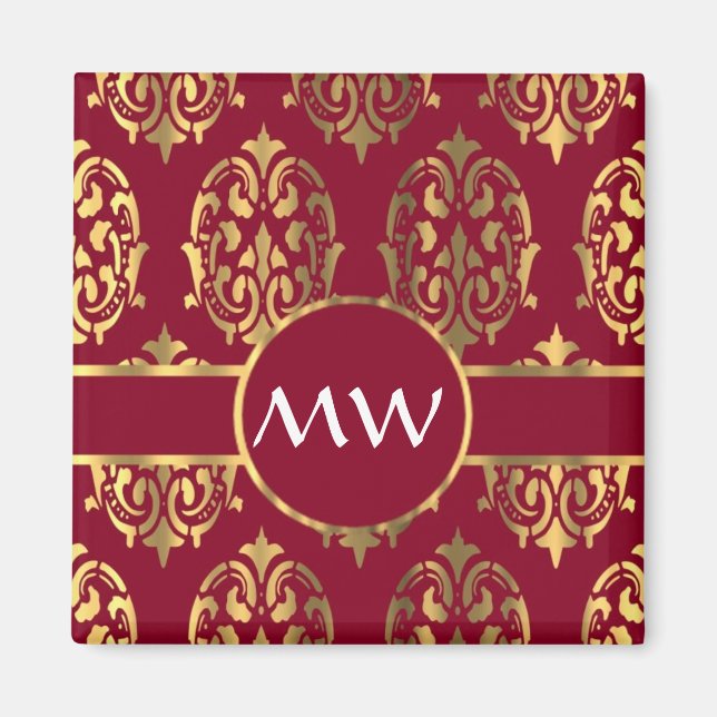 Íman Cor damasco de monograma vermelho e dourado (Frente)