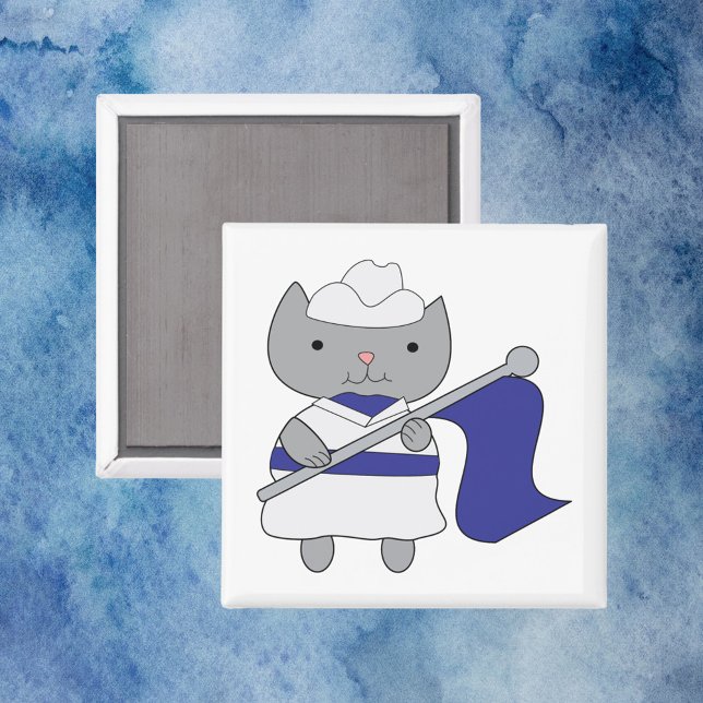 Íman Cor do Gato - Guarda Azul Branco (A magnet with a gray kitty cat wearing a blue and white color guard uniform.)