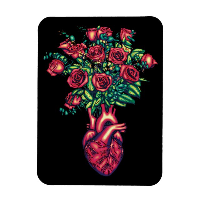 Íman Coração Anatômico com Rosas, Guerreiro Cardíaco (Vertical)