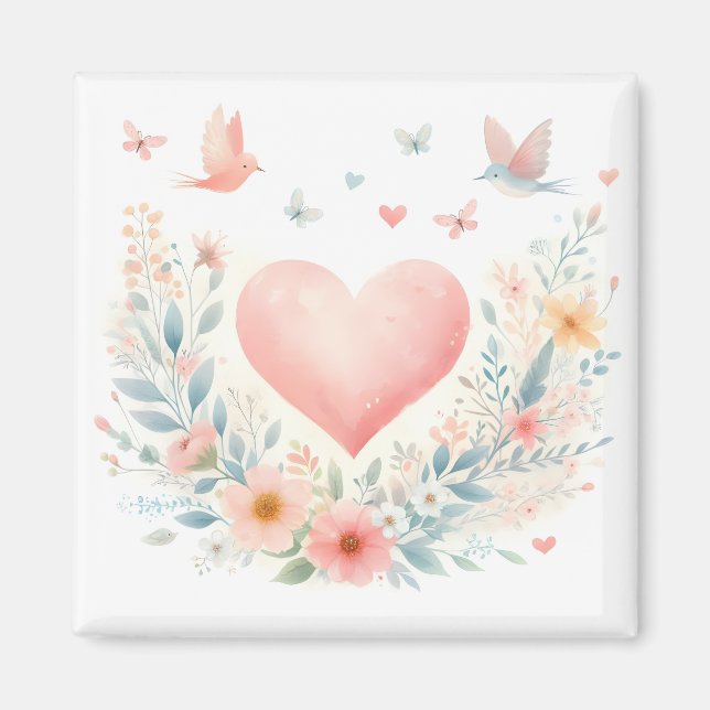 Íman Coração de Aquarela Suave Amor Flores Pássaros (Frente)