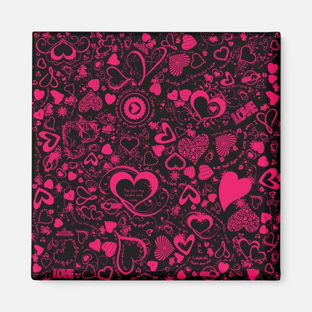 Íman Coração Doodles Pink-Black-Square Magnet (Frente)