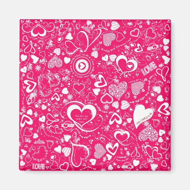 Íman Coração Doodles Pink-White-Square Magnet (Frente)