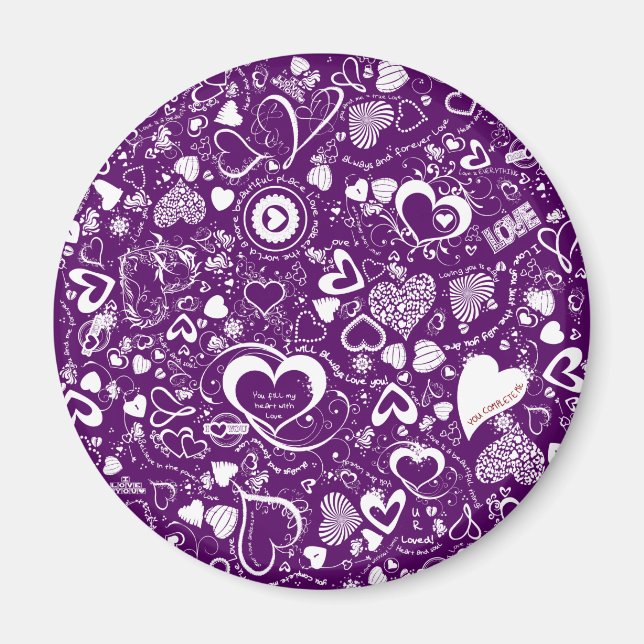 Íman Coração Doodles Purple-White-Round Magnet (Frente)