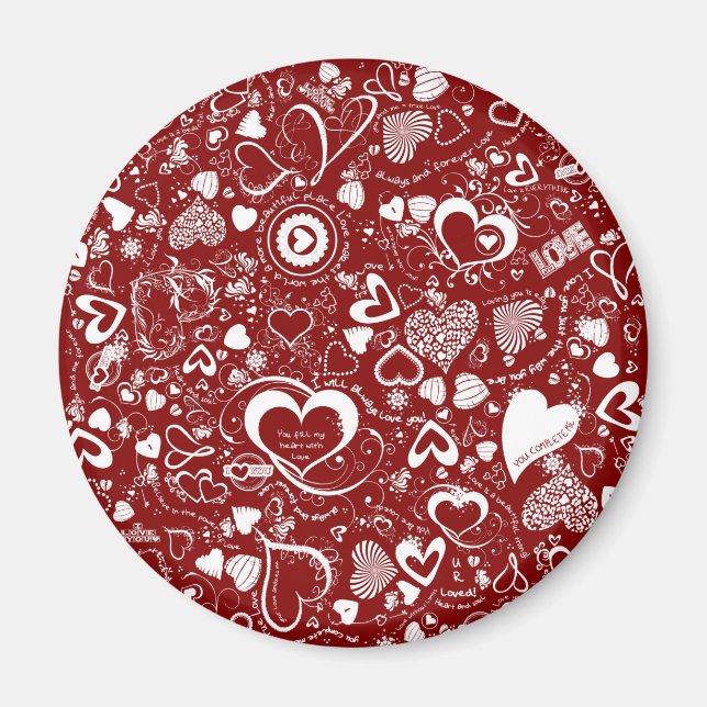 Íman Coração Doodles Red-White-Round Magnet (Frente)
