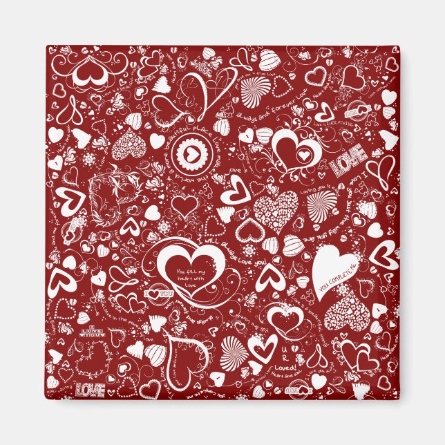 Íman Coração Doodles Red-White-Square Magnet (Frente)