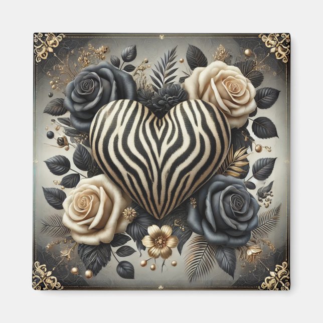 Íman Coração e Rosas de Impressão Elegante Zebra (Frente)