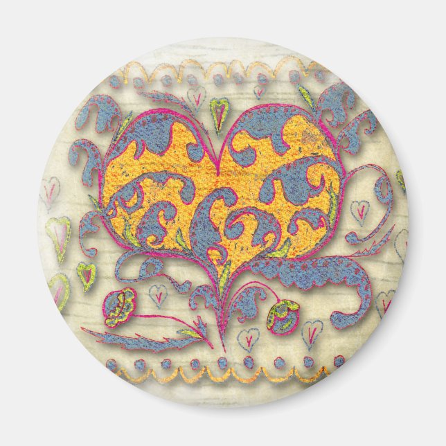 Íman Coração Folk Art com folhas e flores (Frente)