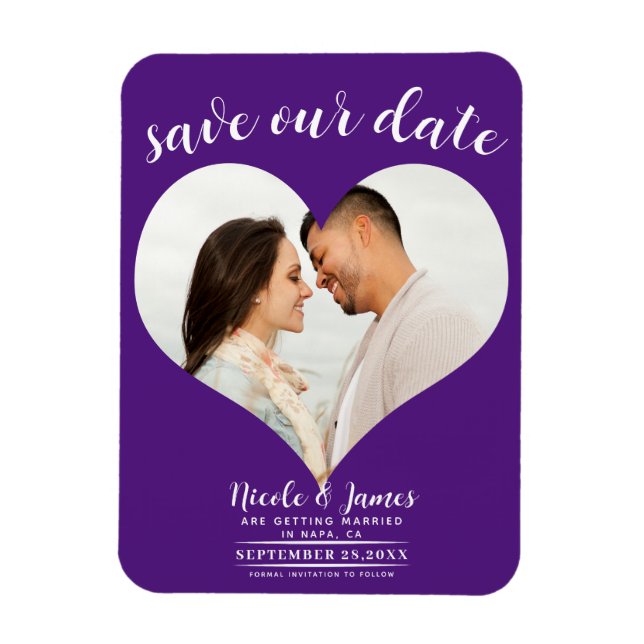 Íman Coração Roxo Real Foto Casamento Salve a Data (Vertical)
