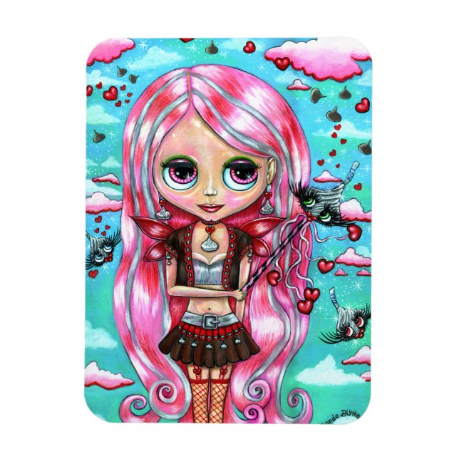 Íman Corações de Cabelo Rosa e Beijos Fadas Grandes Olh (Vertical)