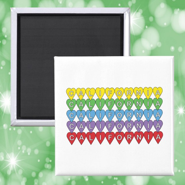Íman Corações Estaduais da Califórnia nos EUA (A magnet with the word California in yellow, green, blue, purple and red hearts)