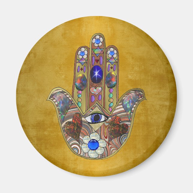 Íman Corações Hamsa Flores Opala Arte em Ouro (Frente)