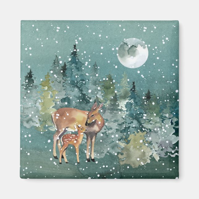 Íman Corça e Cervo Juvenil na Floresta Neve sob Lua Che (Frente)