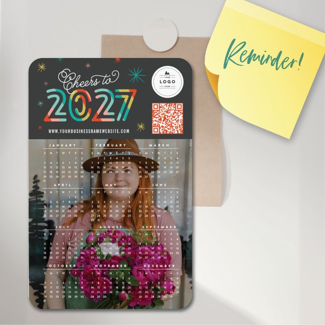 Íman Cores Alegres para o Calendário de 2023 Foto de An (Starbursts Colorful Cheers to 2027 Calendar New Year Photo + Logo & QR Code Flexible Magnet)
