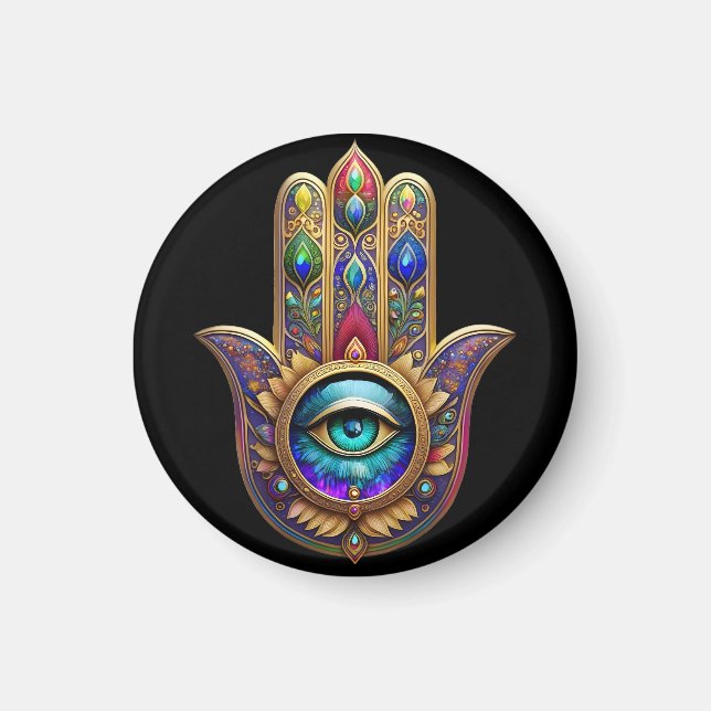 Íman Cores de Pavão Dourado Hamsa Verde Safira Terceiro (Frente)