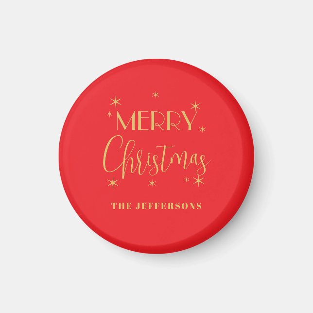 Íman Cores Vermelho e Dourado Feliz Natal Nome da Famíl (Frente)