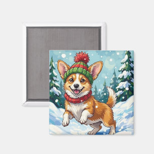 Íman Corgi Alegre Saltando na Neve com Pom Pom