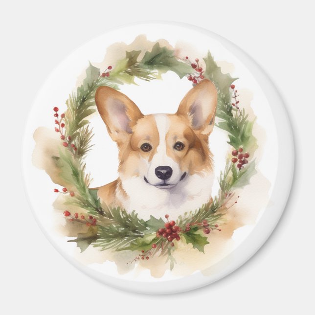 Íman Corgi Christmas Wreath Festivo Pup (Frente)