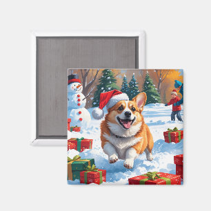 Íman Corgi Correndo na Neve com Chapéu de Natal