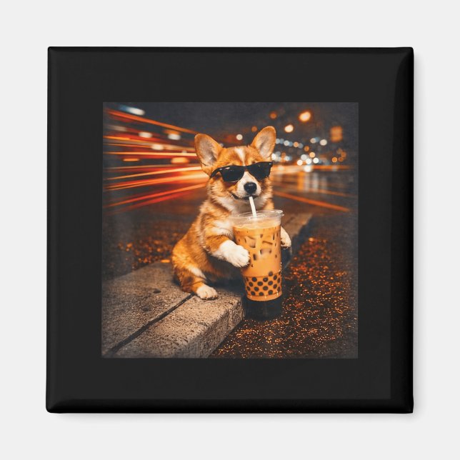 Íman Corgi engraçado bebendo café gelado meme de cachor (Frente)