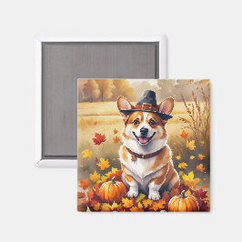 Íman Corgi nas Folhas de Outono Arte do Dia de Ação de 