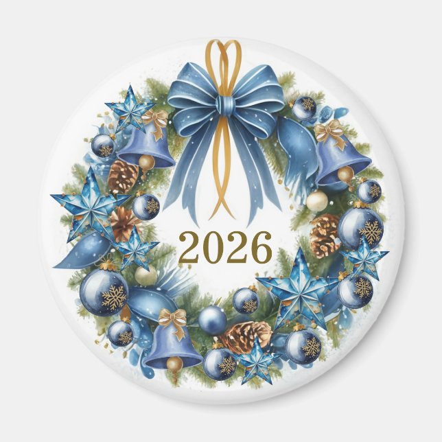 Íman Coroa de Natal Azul e Dourada Personalizável (Frente)
