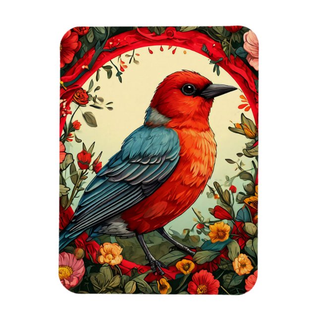 Íman 🌸 Coroa Floral de Pássaro Vermelho Decoração da N (Vertical)