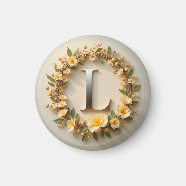 Íman Coroa floral elegante com a letra L dourada (Frente)