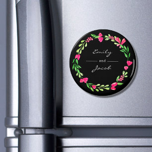 Íman Coroa Floral Rosa Elegante Nome do Casal Preto