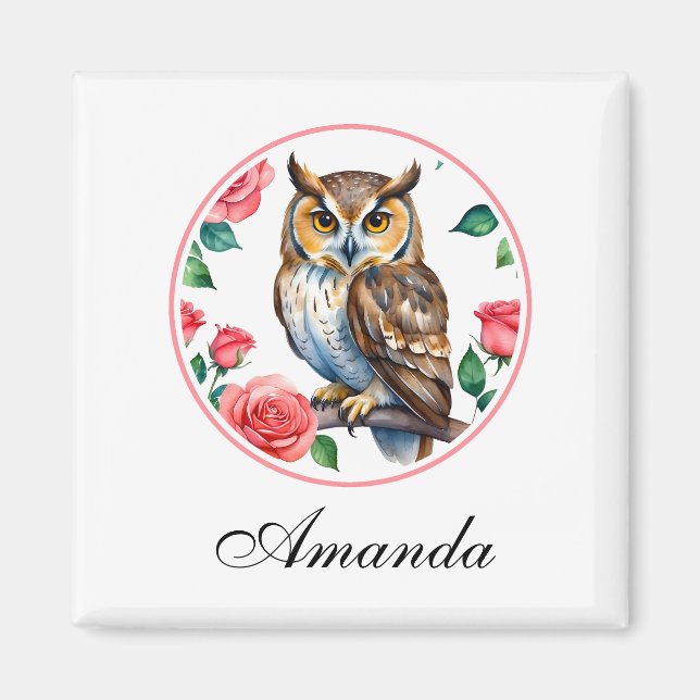 Íman Coruja de Aquarela Decorativa com Rosas (Frente)