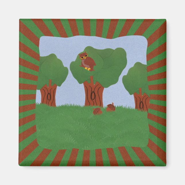 Íman Coruja no Oak Tree Sunburst Design (Frente)