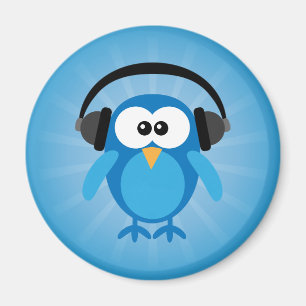 Íman Coruja retro azul Funky com fones de ouvido