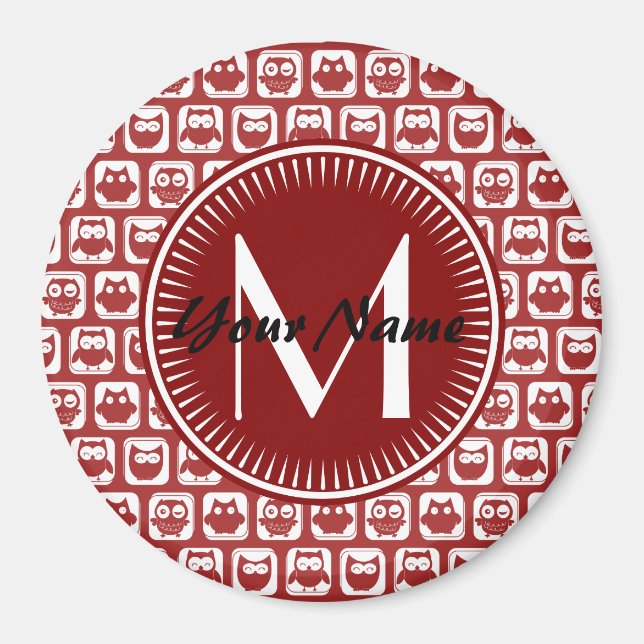 Íman Corujas Vermelhas Monogramadas, Nome Personalizado (Frente)