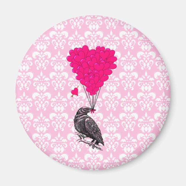 Íman Corvo e coração em damasco rosa (Frente)