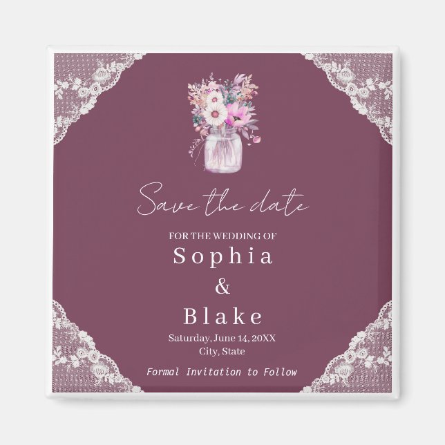 Íman Country Lace Mason Jar Burgundy Guarde a Data (Frente)