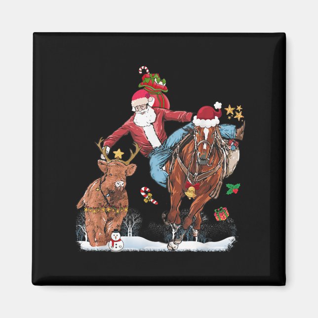 Íman Cowboy Santa Bulldogging Western Cowboy Xmas Funny (Frente)
