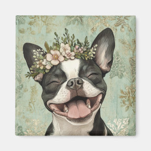 Íman Cozinha Floral Verde de Boston Terrier