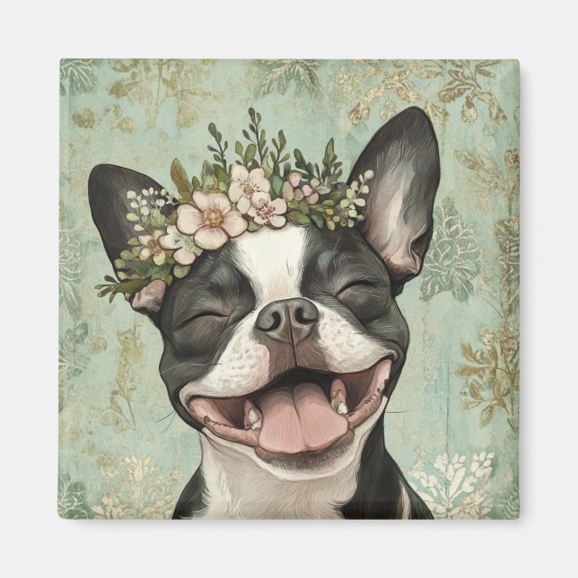 Íman Cozinha Floral Verde de Boston Terrier (Frente)