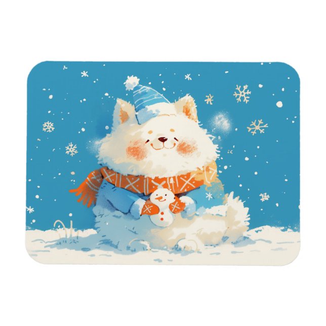 Íman Cozy Samoyed Dog with Mini Snowman (Horizontal)